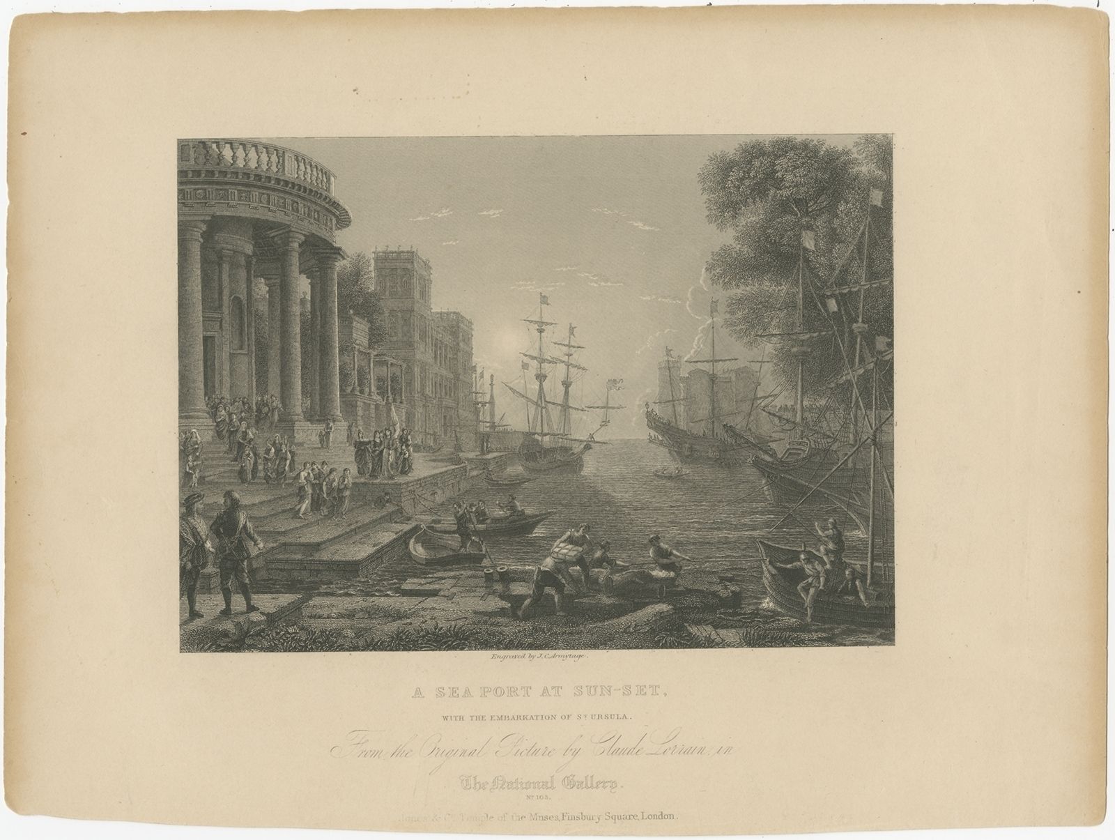 Antique Print Of A Seaport With The Embarkation Of Saint Ursula By Armytage (1836)