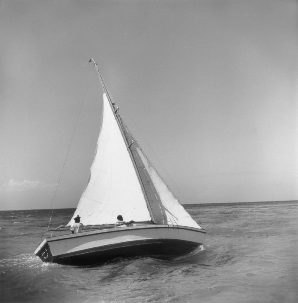 Slim Aarons 'Jamaica Sea Sailing' 1953 Silver Gelatin Print Framed In White photo furniture
