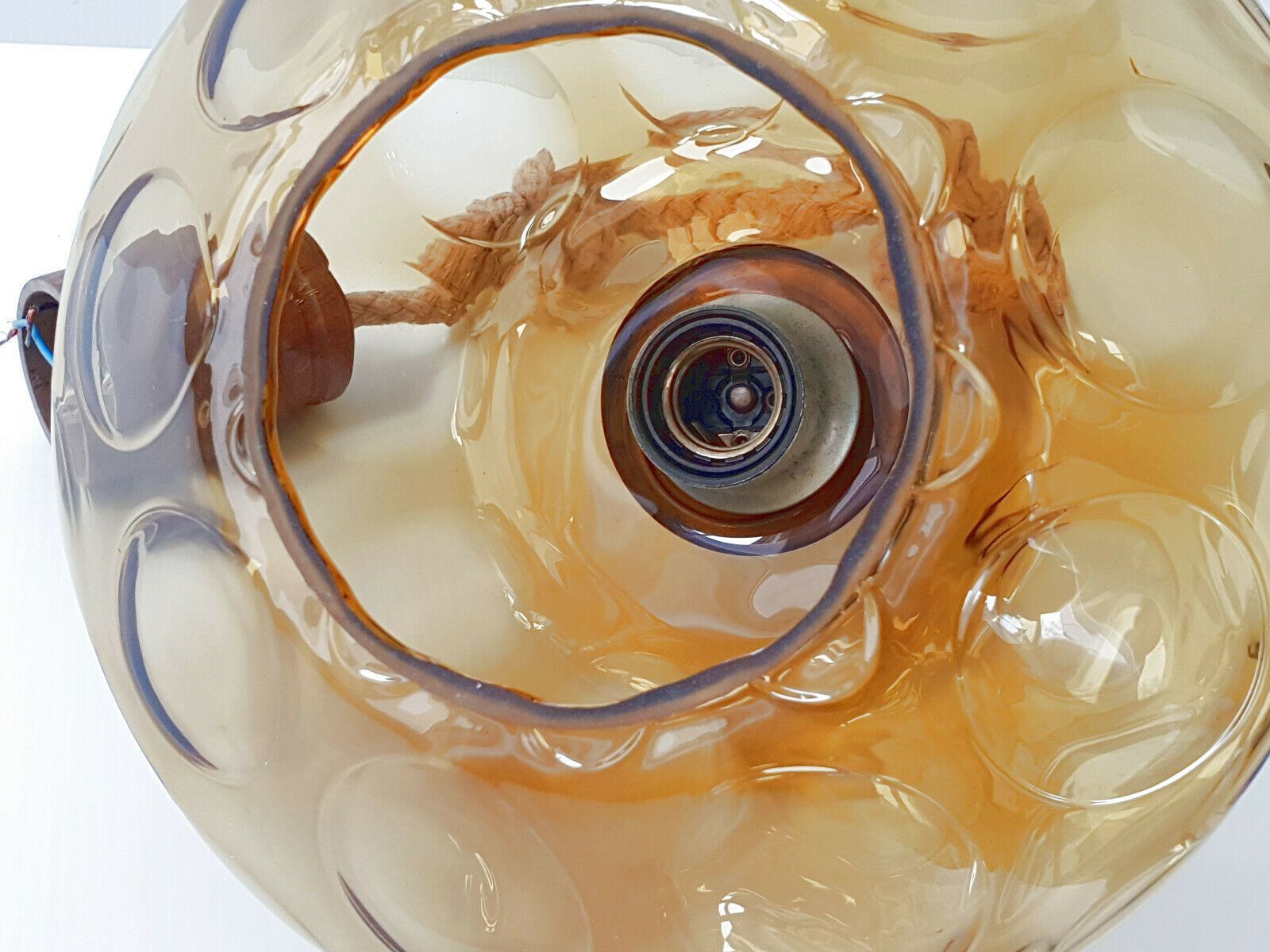 Vintage Hanglamp Uit 1960, Touw, Goudkleurig Glas & Teak – Jaren 1960 photo Verlichting