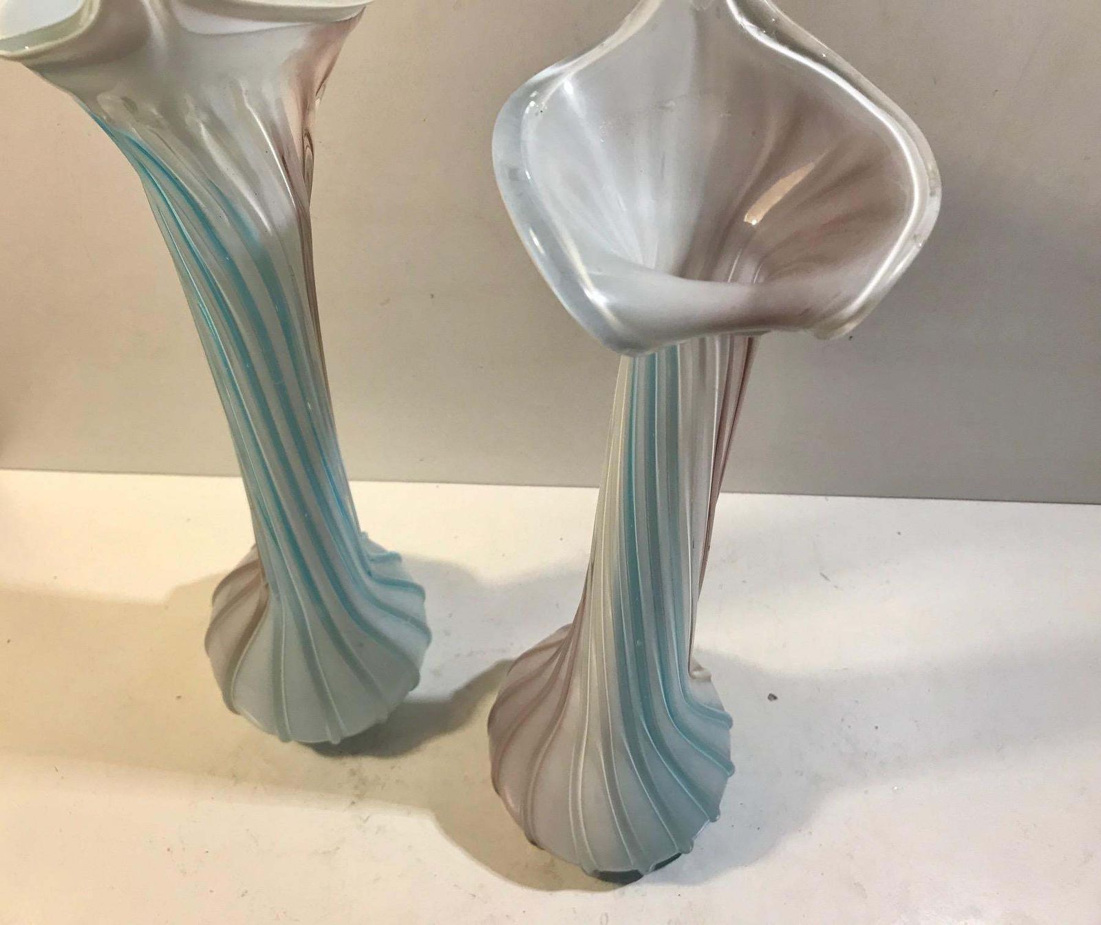 A Pair Of Pink, Blue And White Italian Jack In The Pulpit Glass Vases photo for sale