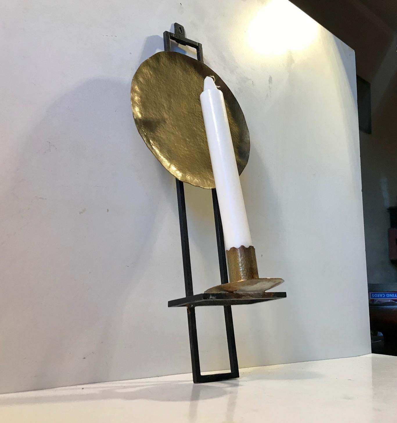 Scandinavian Wall Hung Candleholder In Brass And Wrought Iron, 1950s photo for sale