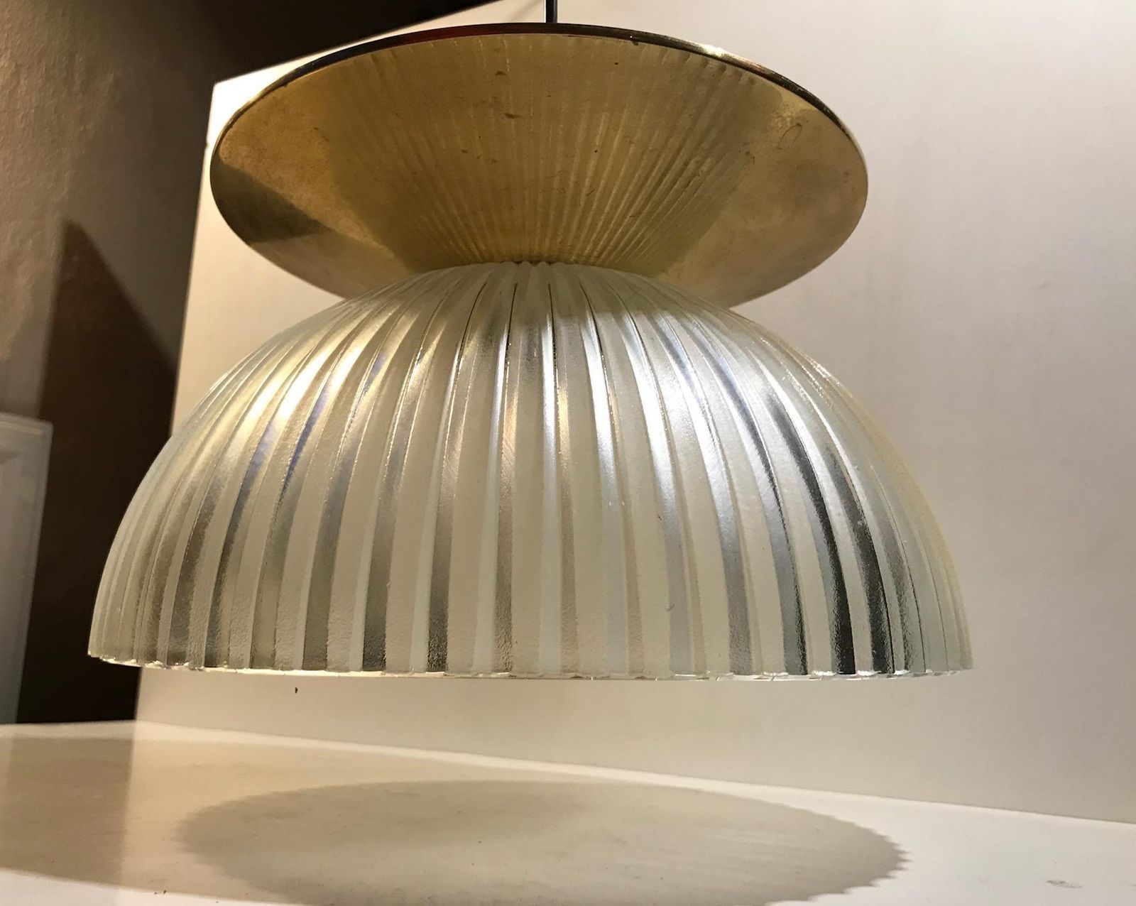 photo for sale Scandinavian Fluted Glass And Brass Ceiling Lamp, 1970s