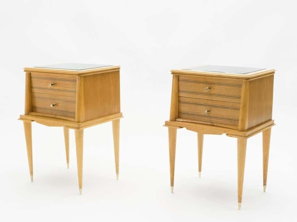 photo vintage Tables de chevet françaises en sycomore, 2 tiroirs, attribuées à Suzanne Guiguichon, années 1950
