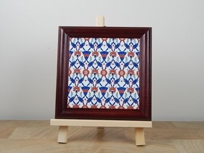 Turkish Kutahya Pottery, Tile, Tulip Design, Art Painting H, Picture Wood Frame Size L