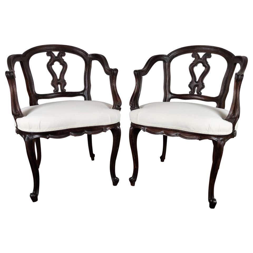 Pair Of 19th Century Italian Rococo Baroque Carved Wood Armchair Re Upholstered