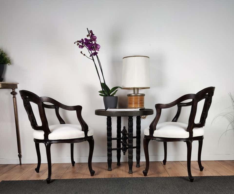 Pair Of 19th Century Italian Rococo Baroque Carved Wood Armchair Re Upholstered photo 1977.0