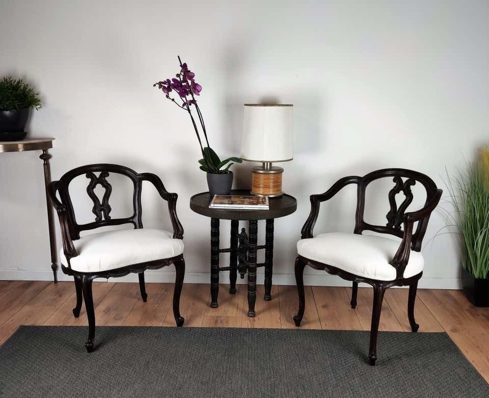Pair Of 19th Century Italian Rococo Baroque Carved Wood Armchair Re Upholstered photo vintage