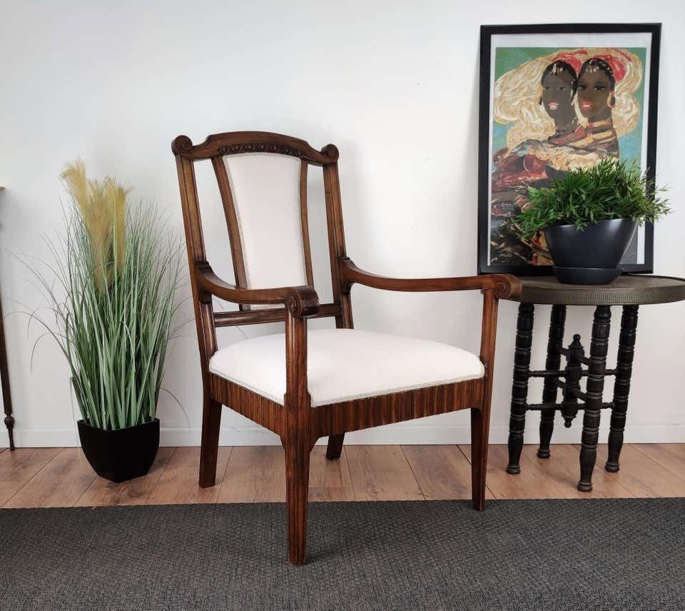 1930s Neoclassical Italian Carved Walnut Wood Armchair Newly Upholstered photo furniture