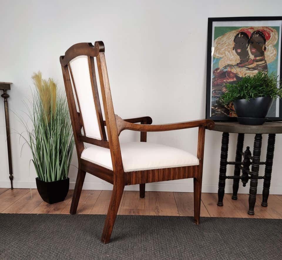 1930s Neoclassical Italian Carved Walnut Wood Armchair Newly Upholstered photo vinterior