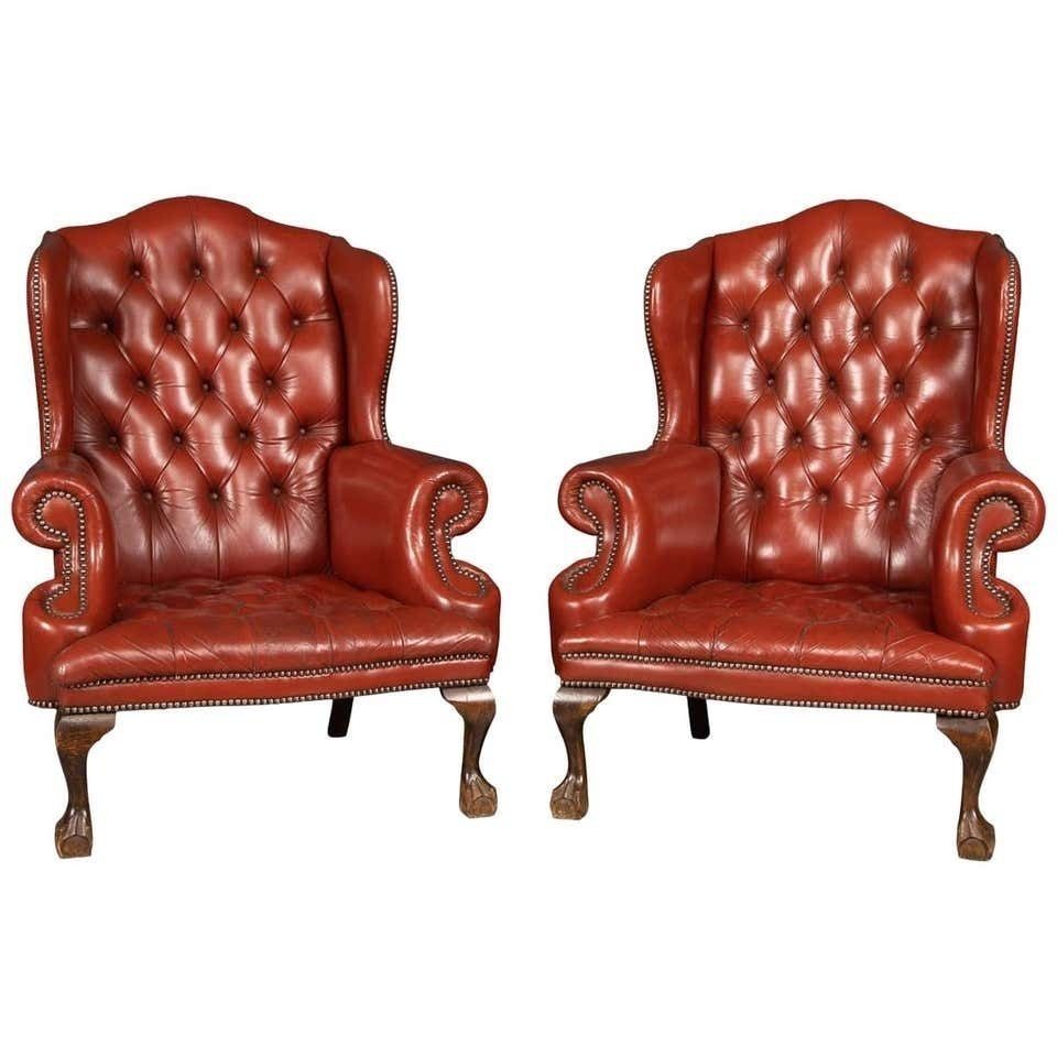 20th Century Pair Of English Leather Wingback Armchairs, Circa 1970