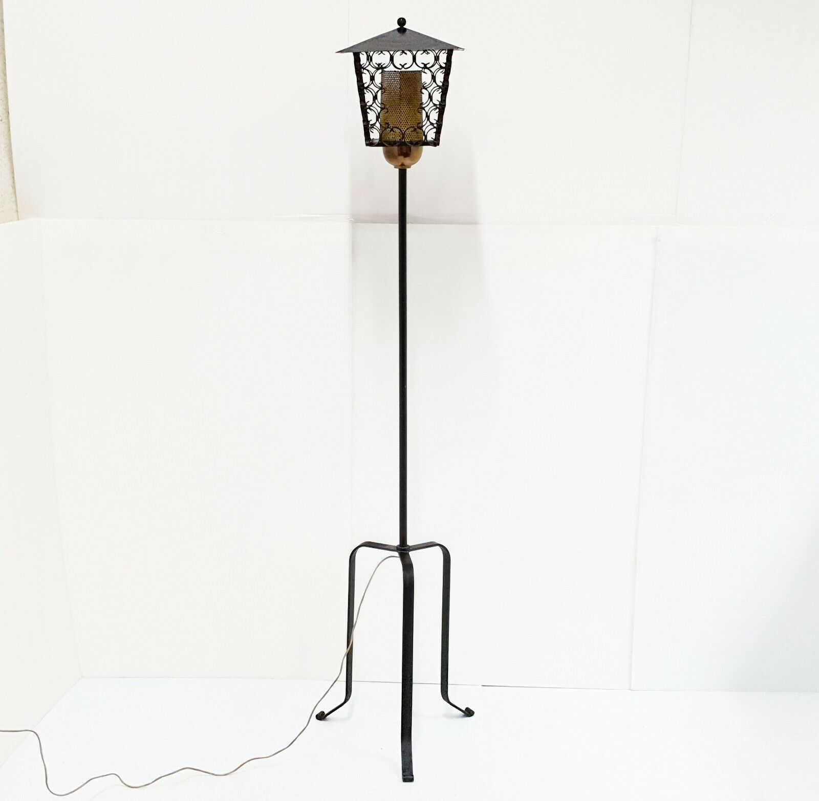 French Tripod 1950 Floor Lamp Rockabilly Perforated Metal Brass Steel