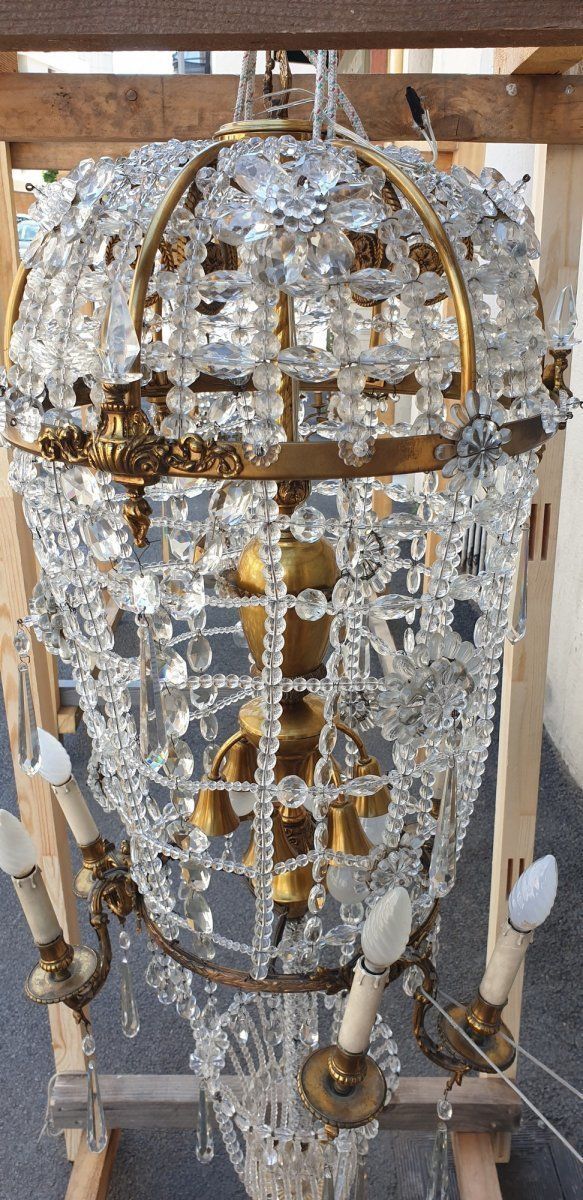 photo for sale Large Chandelier In The Shape Of A Hot Air Balloon In Bronze And Crystal, 20th Century