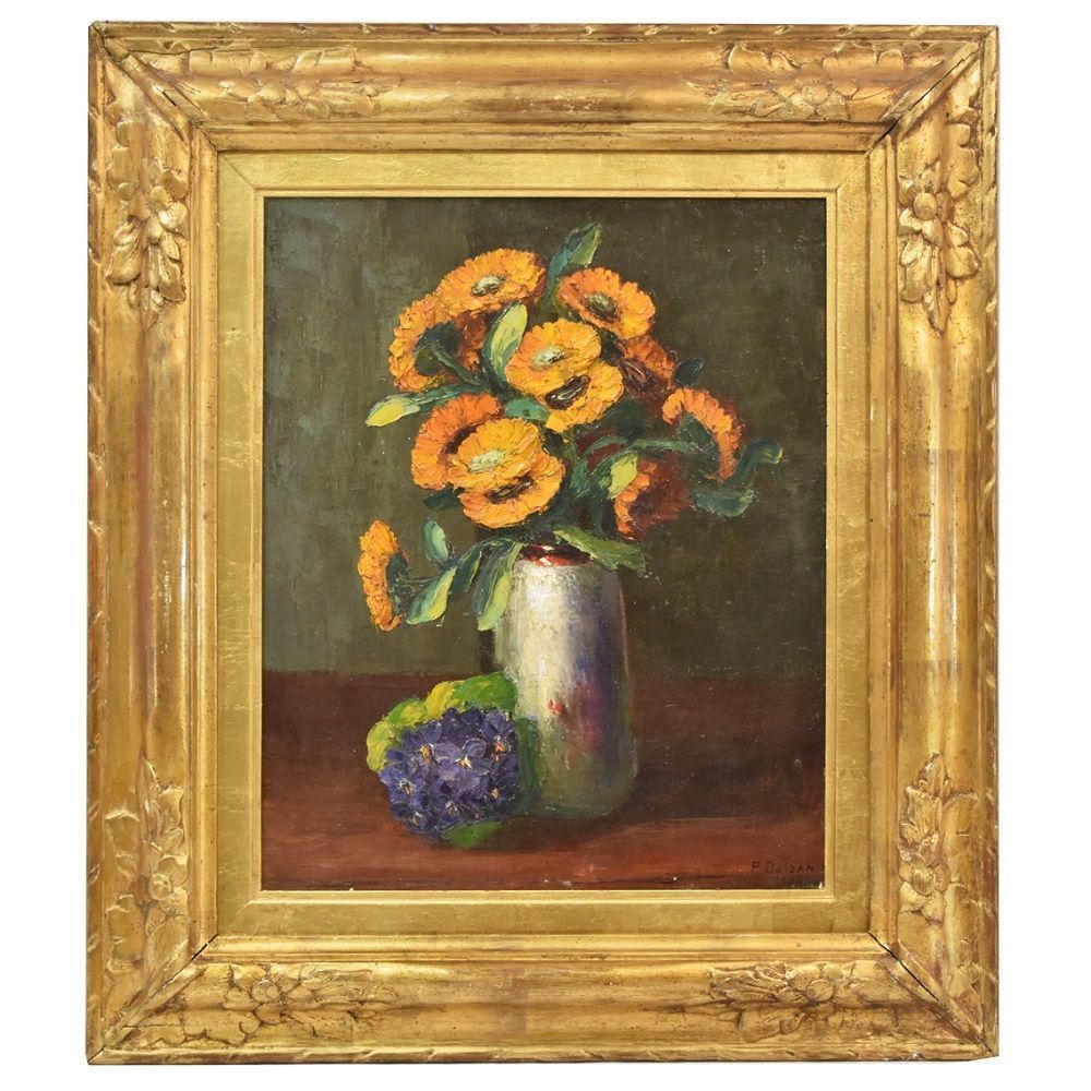 Flower Painting, Yellow Daisies Painting, Still Life, Oil On Canvas, 20 Th Century, Art Deco. (Qf24)