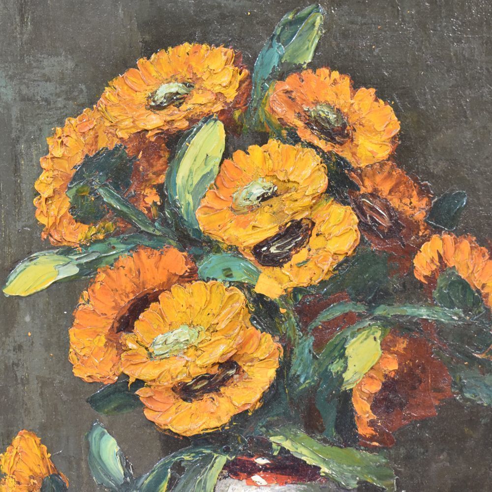 Flower Painting, Yellow Daisies Painting, Still Life, Oil On Canvas, 20 Th Century, Art Deco. (Qf24) photo for sale