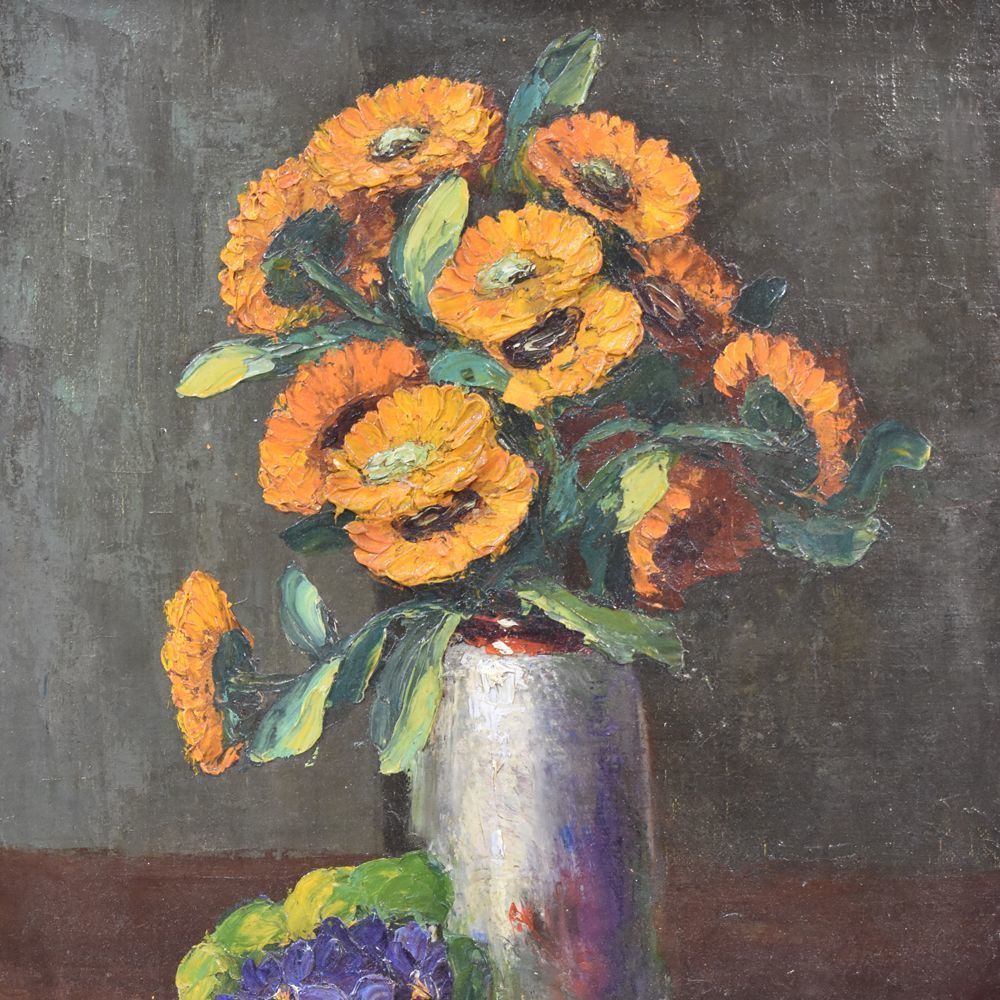 Flower Painting, Yellow Daisies Painting, Still Life, Oil On Canvas, 20 Th Century, Art Deco. (Qf24) photo furniture