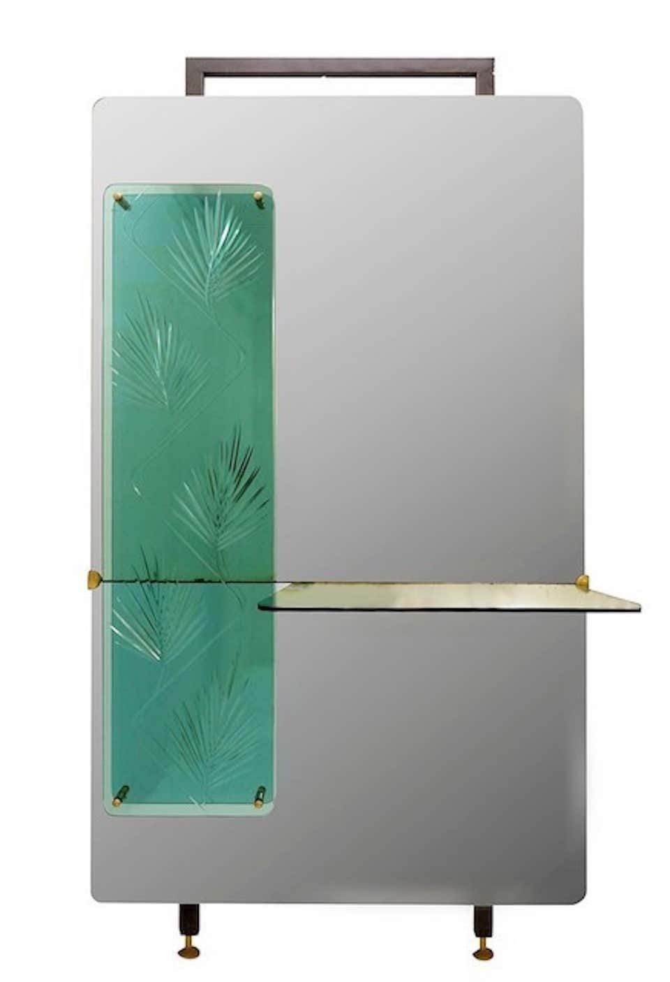 Italian Console Mirror With Decorative Panel, Engraved Crystal, 1960s