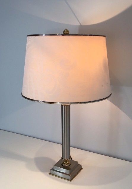 Pair Of Brushed Steel And Brass Lamps With Reclining Shades By Guy Lefèvre. Circa 1970 photo buy