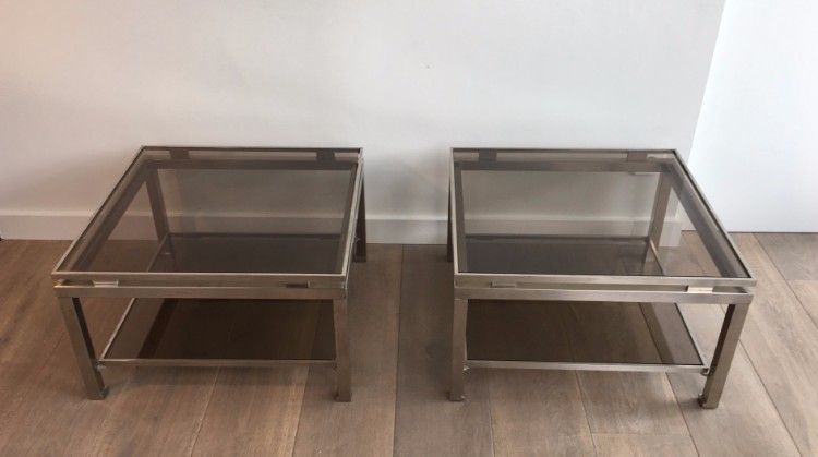 Pair Of Brushed Steel Side Tables With Smoked Glass By Guy Lefèvre For Maison Jansen. Circa 1970 photo furniture