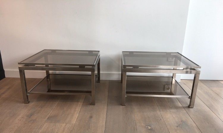 Pair Of Brushed Steel Side Tables With Smoked Glass By Guy Lefèvre For Maison Jansen. Circa 1970 photo Furniture