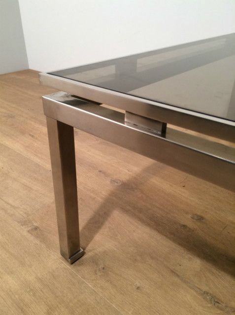 Guy Lefèvre. Brushed Steel Square Coffee Table. Circa 1970 photo 1260.0