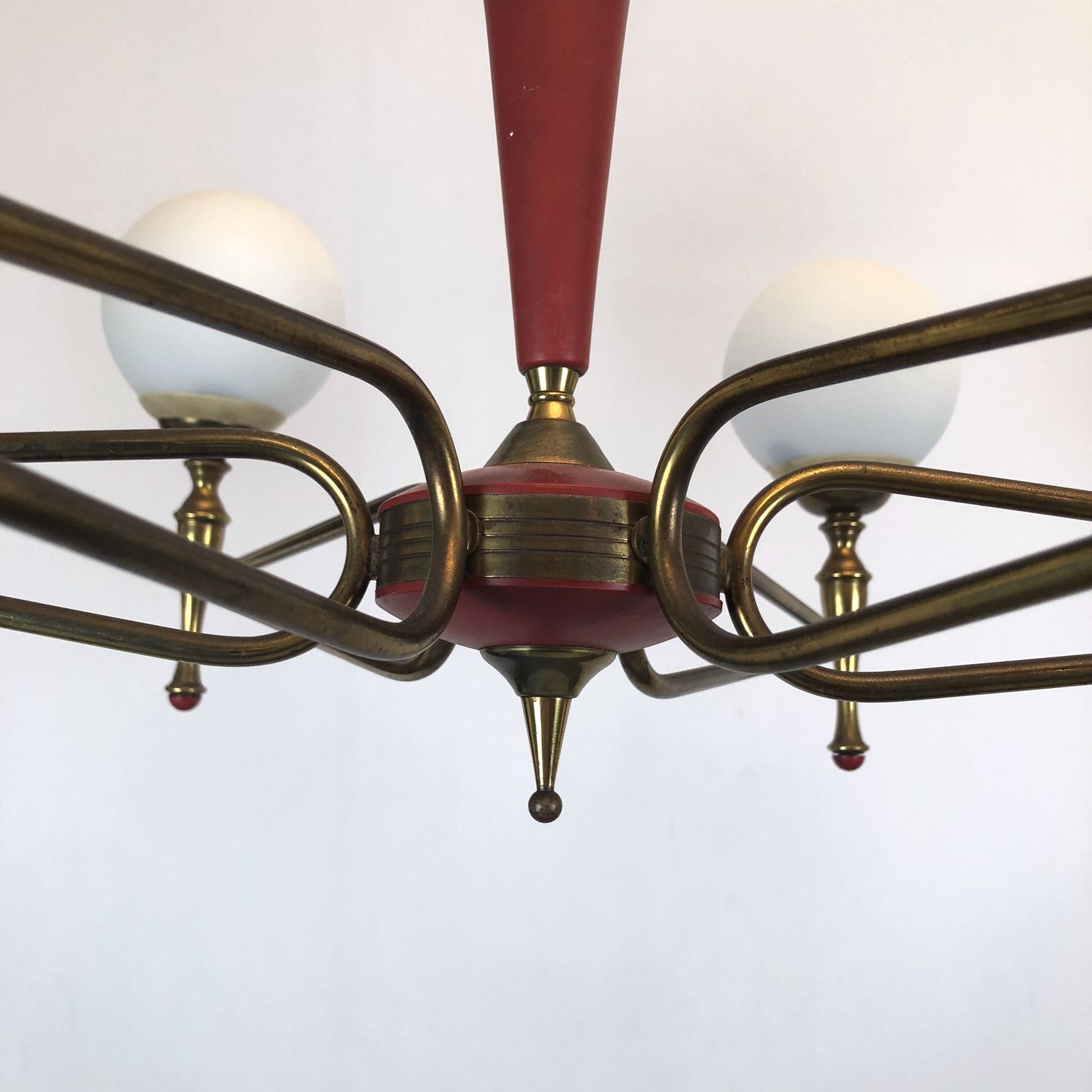 2933.19 Large Stilnovo, Vintage Italian Red And Gold Chandelier From 50s photo