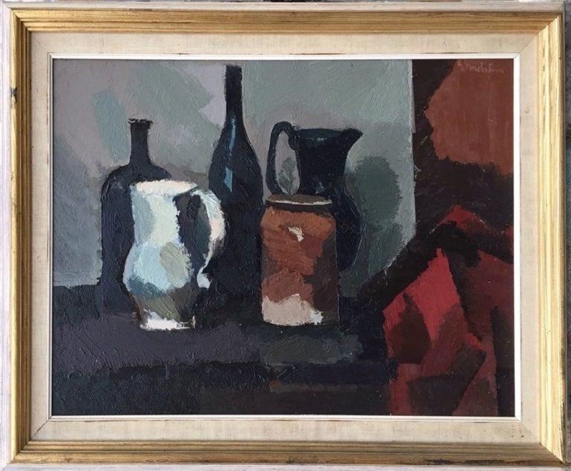 Mid Century Modern Swedish Artist Still Life Of Bottles And Earthenware