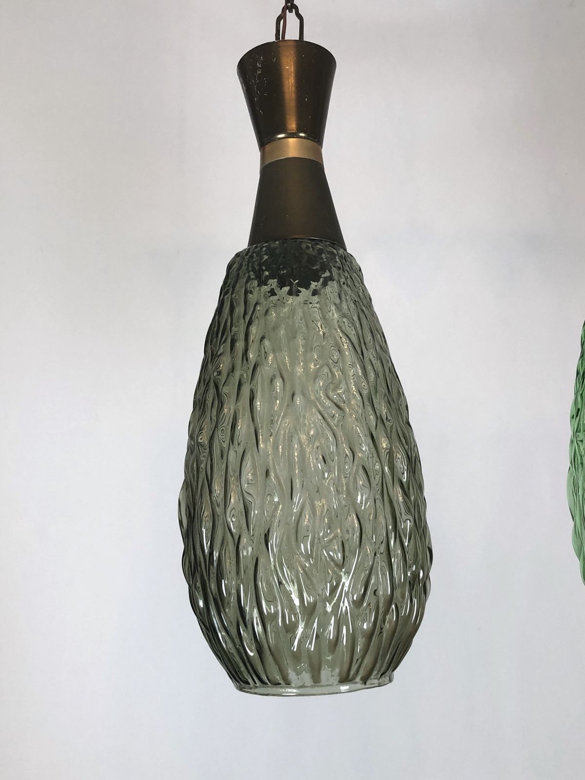Set Of Two Vintage Italian Metal And Glass Pendant Lamps From 60s photo vintage