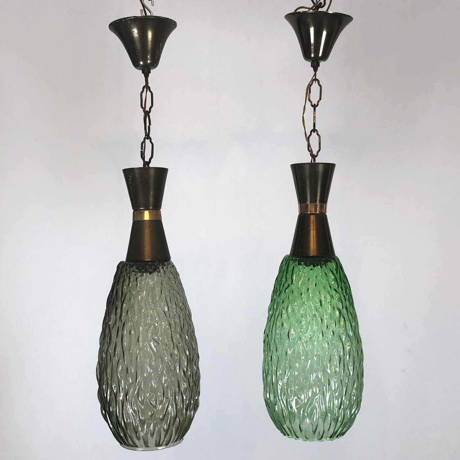 photo for sale Set Of Two Vintage Italian Metal And Glass Pendant Lamps From 60s
