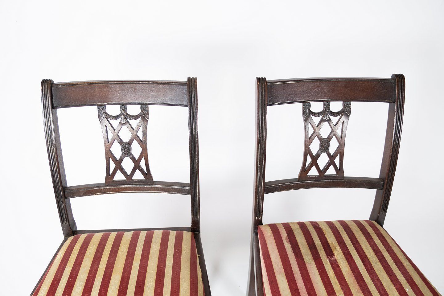 A Set Of 2 Mahogany Dining Chairs And Upholstered With Striped Fabric From The 1960s. photo for sale