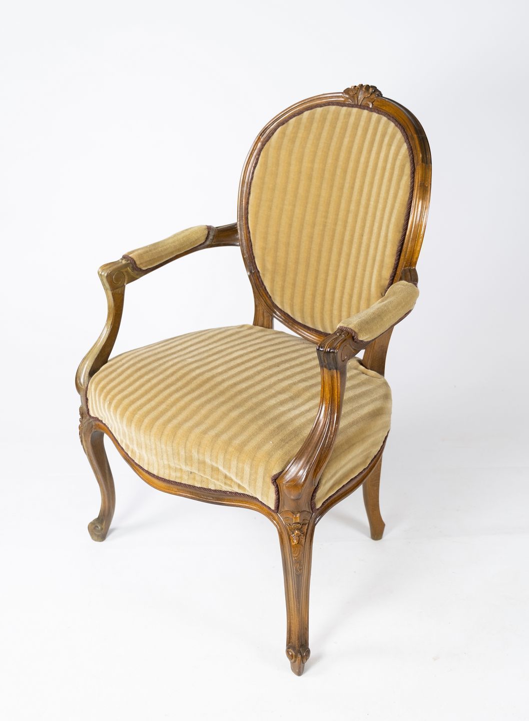 Rococo Armchair In Light Wood And Upholstered In Light Velor Fabric From The 1920s.