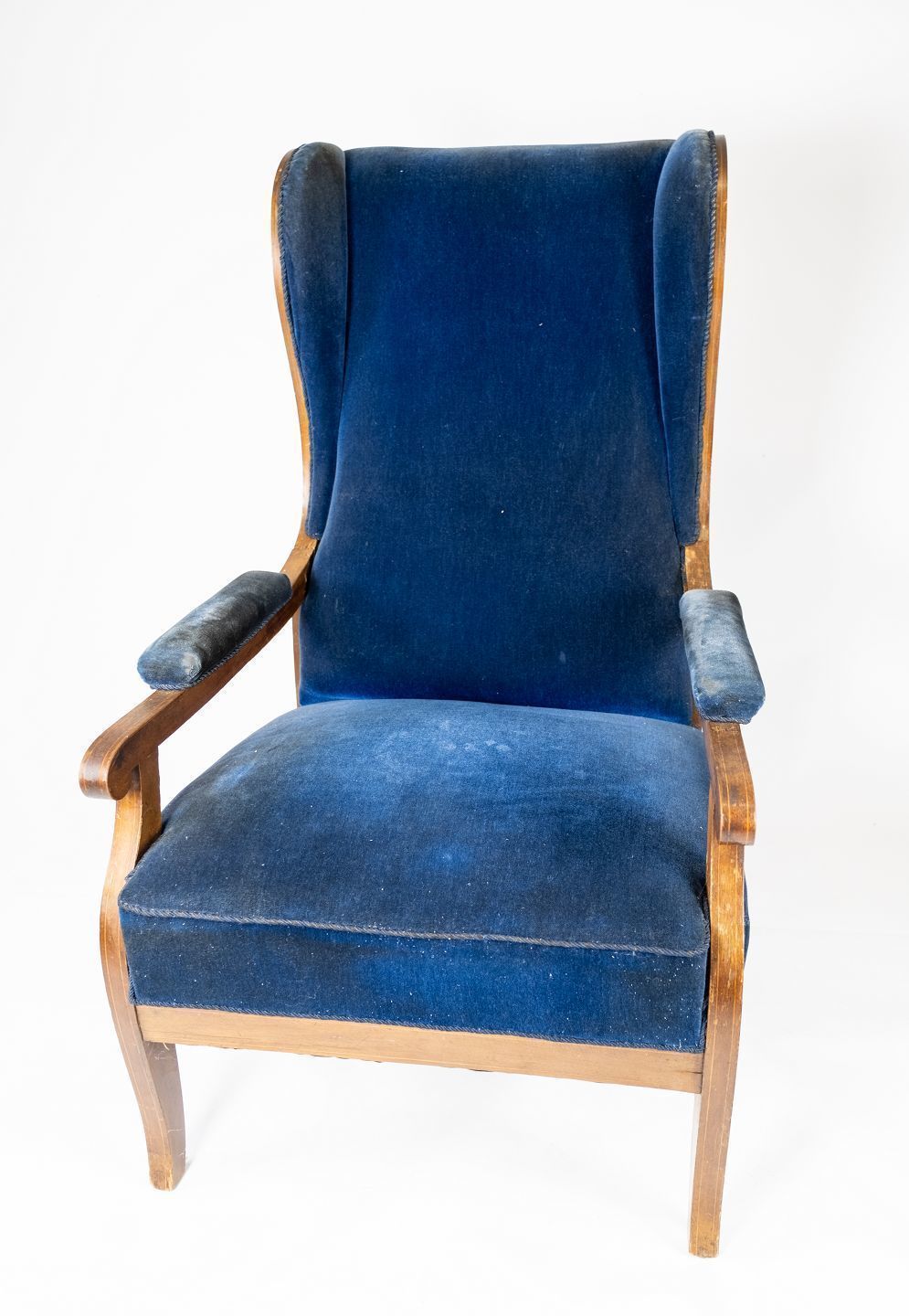 Antique Armchair Upholstered With Dark Blue Velor Fabric And Mahogany Designed By Fritz Henningsen.