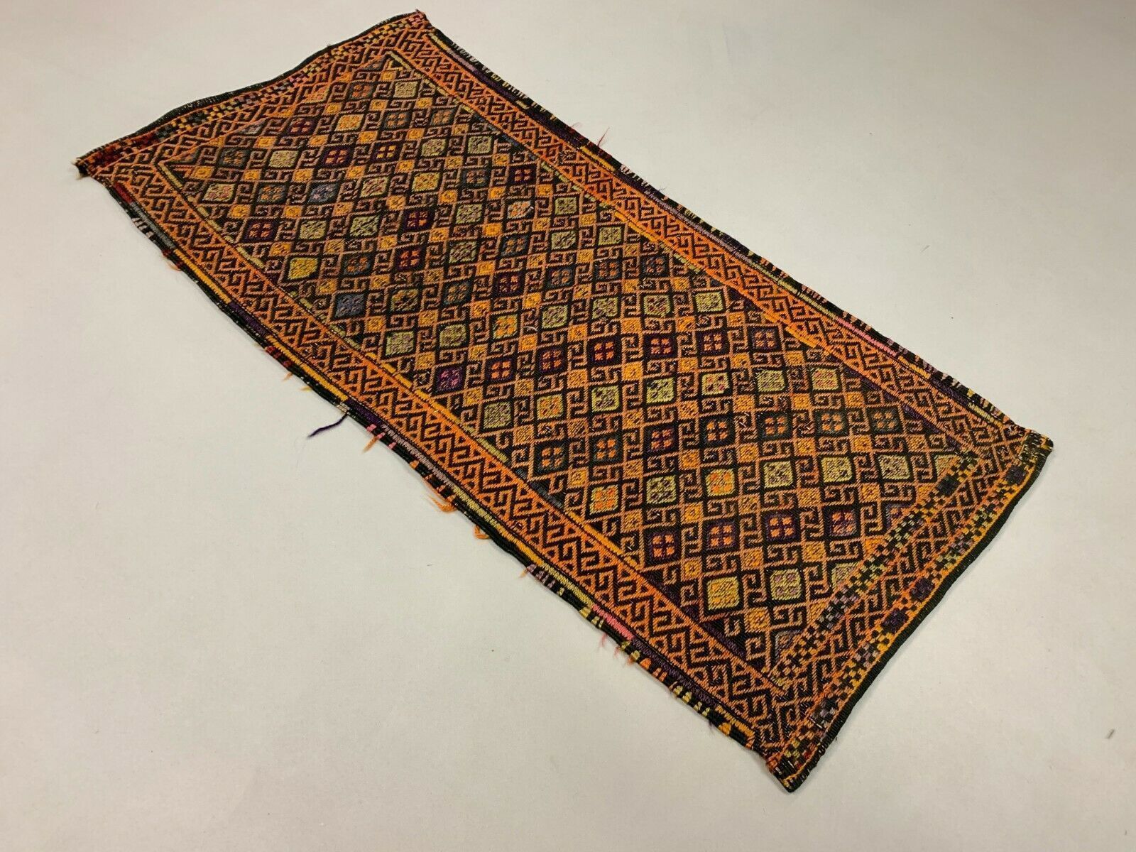 Turkish Mini Kilim 120x58 Cm Shabby Wool Small Kelim Rug, Red Black Gold photo furniture
