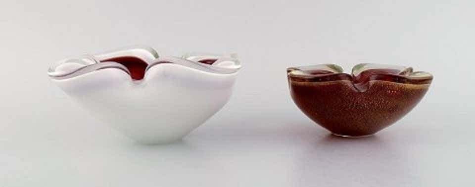 Two Murano Bowls In Red And White Mouth Blown Art Glass, Italian Design, 1960s photo for sale