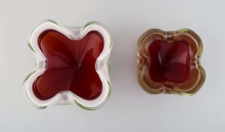 Two Murano Bowls In Red And White Mouth Blown Art Glass, Italian Design, 1960s photo Home Decor