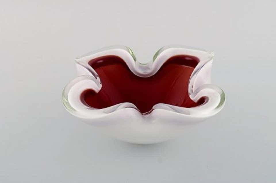 Two Murano Bowls In Red And White Mouth Blown Art Glass, Italian Design, 1960s photo 438.0