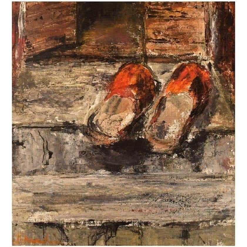 Hanna Brundin, Sweden, Oil On Canvas, Slippers On A Staircase