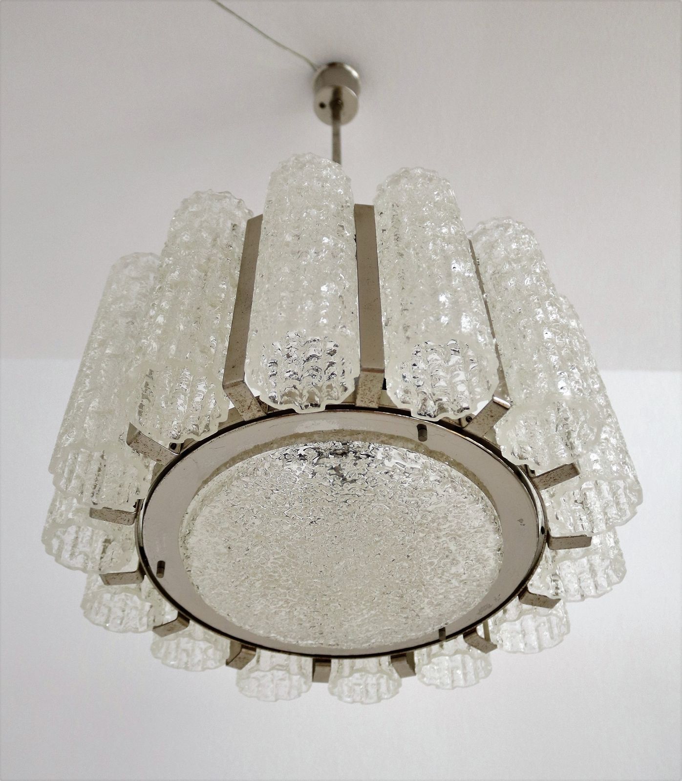 Midcentury Barovier Toso Murano Ice Glass Chandelier With Chrome Frame, 1960s photo Lighting