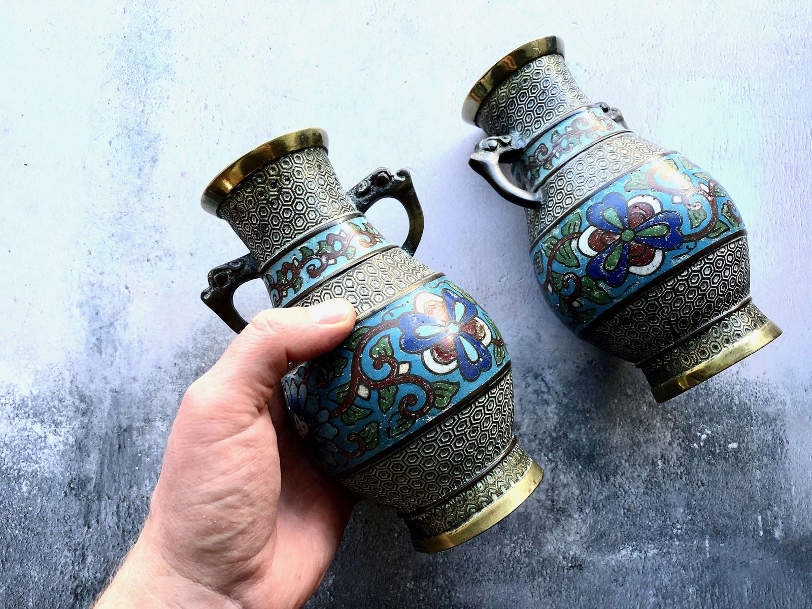 Pair Of 19th Century Antique Chinese Enamel Cloisonné Brass Vases