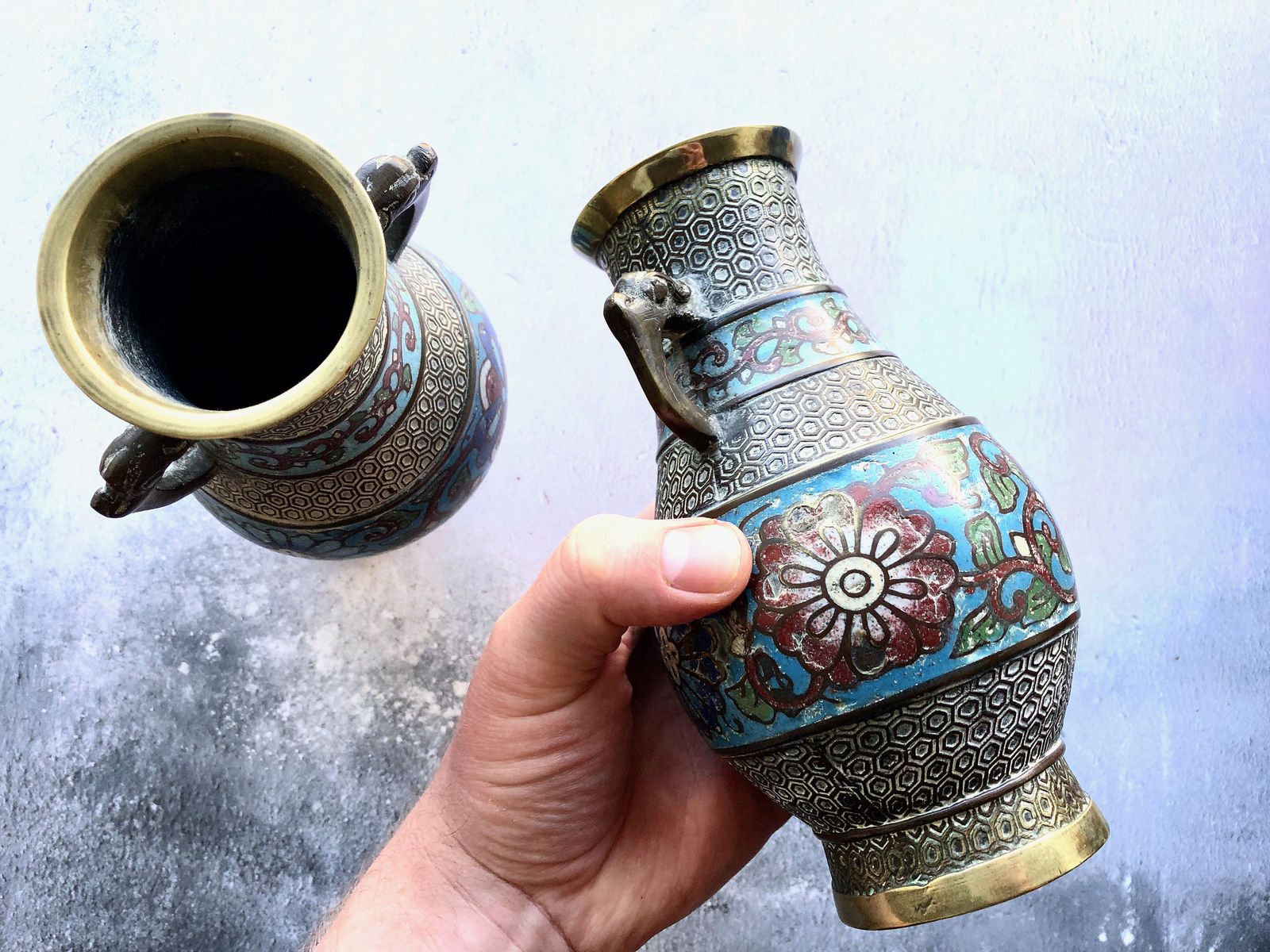 Pair Of 19th Century Antique Chinese Enamel Cloisonné Brass Vases photo Home Decor