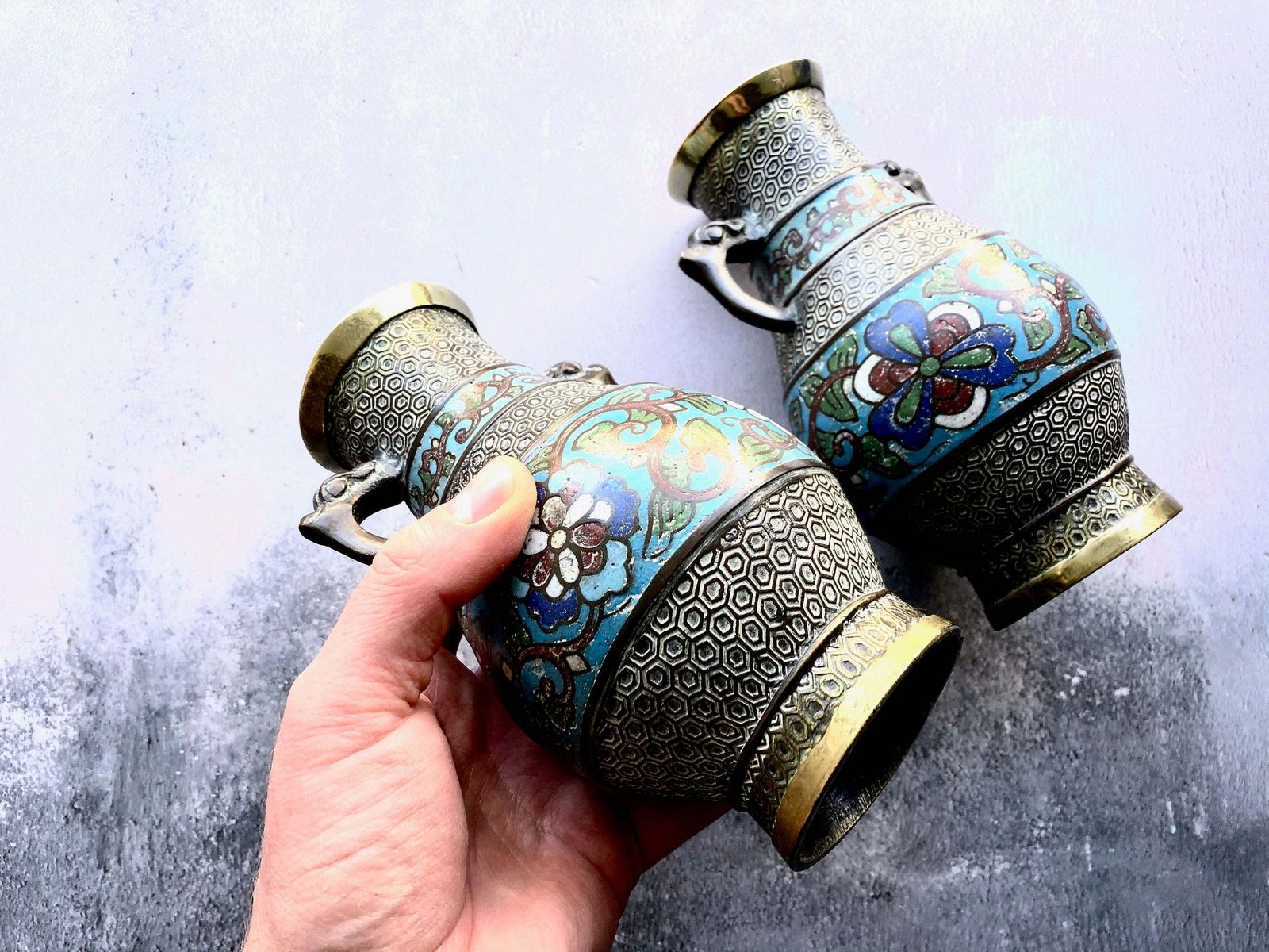 photo for sale Pair Of 19th Century Antique Chinese Enamel Cloisonné Brass Vases