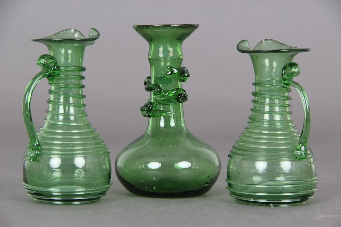 3 Danish Glass Vases / Jugs. Mouth Blown Green Glass. Kastrup Glasværk. photo for sale