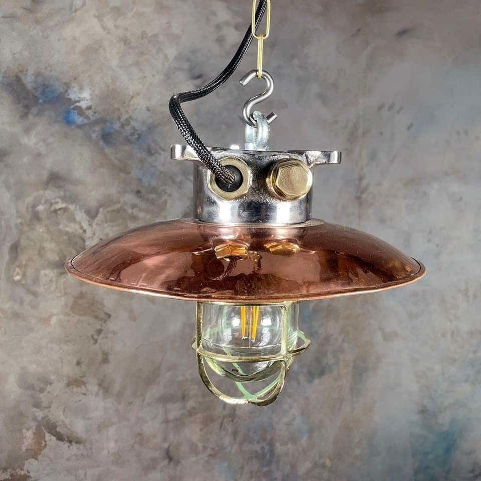 photo vintage Copper And Iron Ceiling Light With Cage   Original Industrial Style Metal Ceiling Lighting