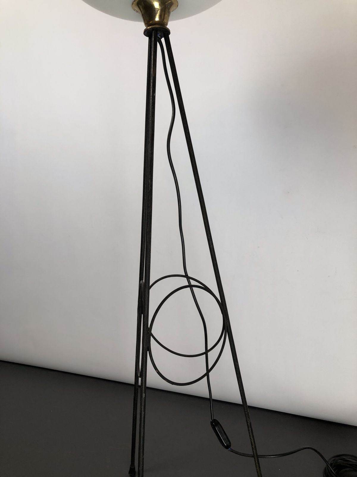Lighting Stilnovo, Iconic Italian Brass, Lacquer And Triplex Opaline Glass Tripod Lamp From 50s photo