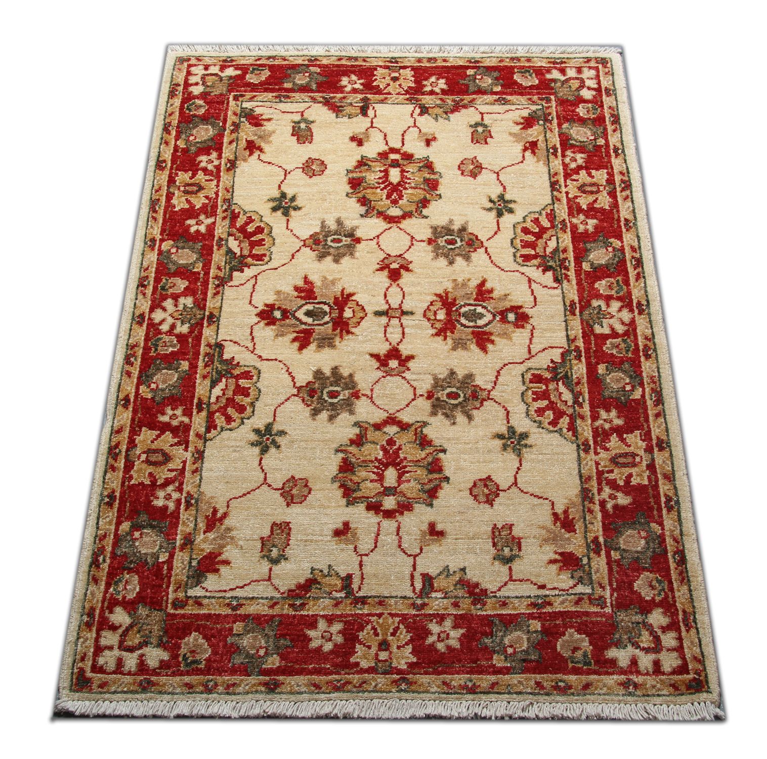 Small Handwoven Afghan Ziegler Rug, Traditional Cream Red Wool Carpet 86x123cm photo for sale