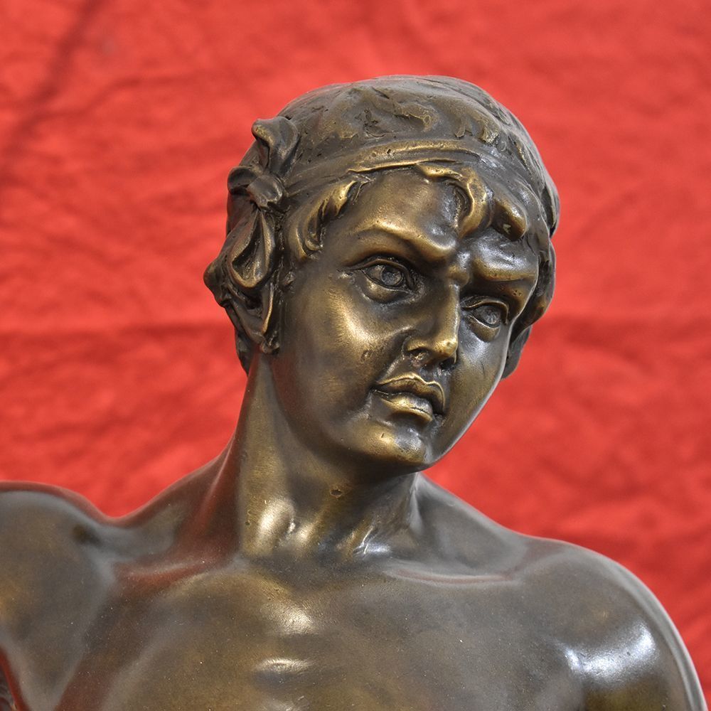 Antique Bronze Sculpture, Warrior And Lion With Spear, Signed Barye, 19th Century. (Stb39) photo vinterior