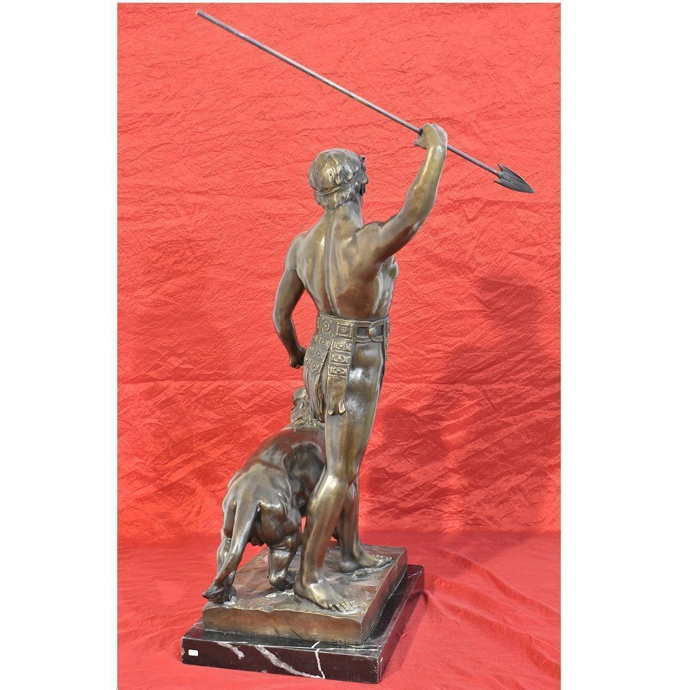 photo for sale Antique Bronze Sculpture, Warrior And Lion With Spear, Signed Barye, 19th Century. (Stb39)