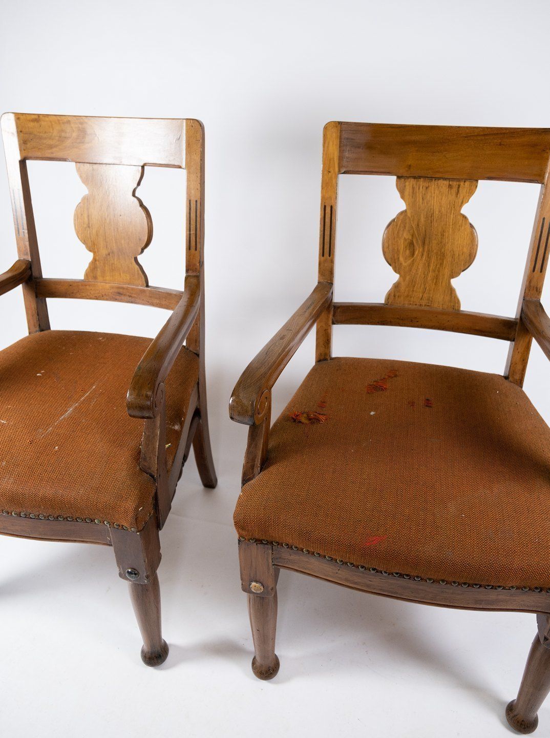 A Pair Of Antique Armchairs Of Dark Wood And Wool Fabric From The 1930s. photo furniture