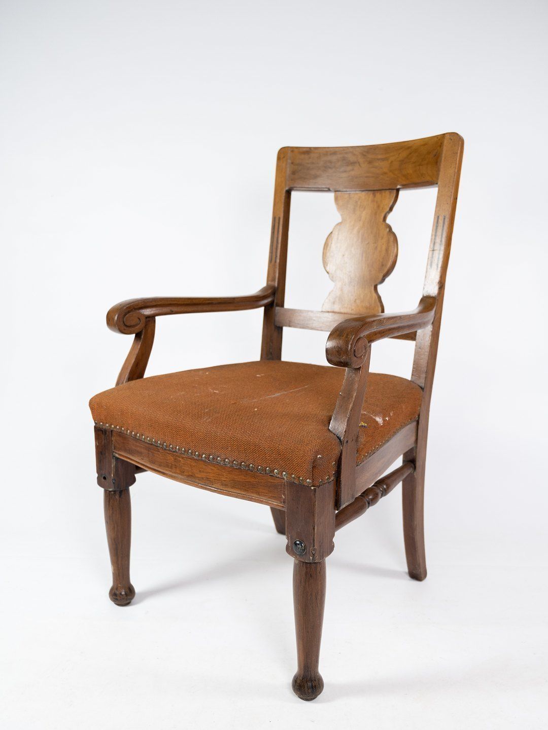 A Pair Of Antique Armchairs Of Dark Wood And Wool Fabric From The 1930s. photo for sale
