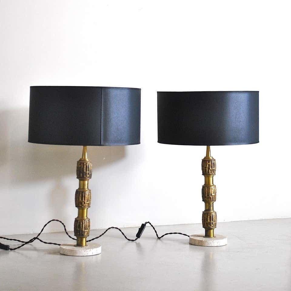 Luciano Frigerio Set Of Midcentury Table Lamps In Brass And Travertine, 1970s photo Lighting
