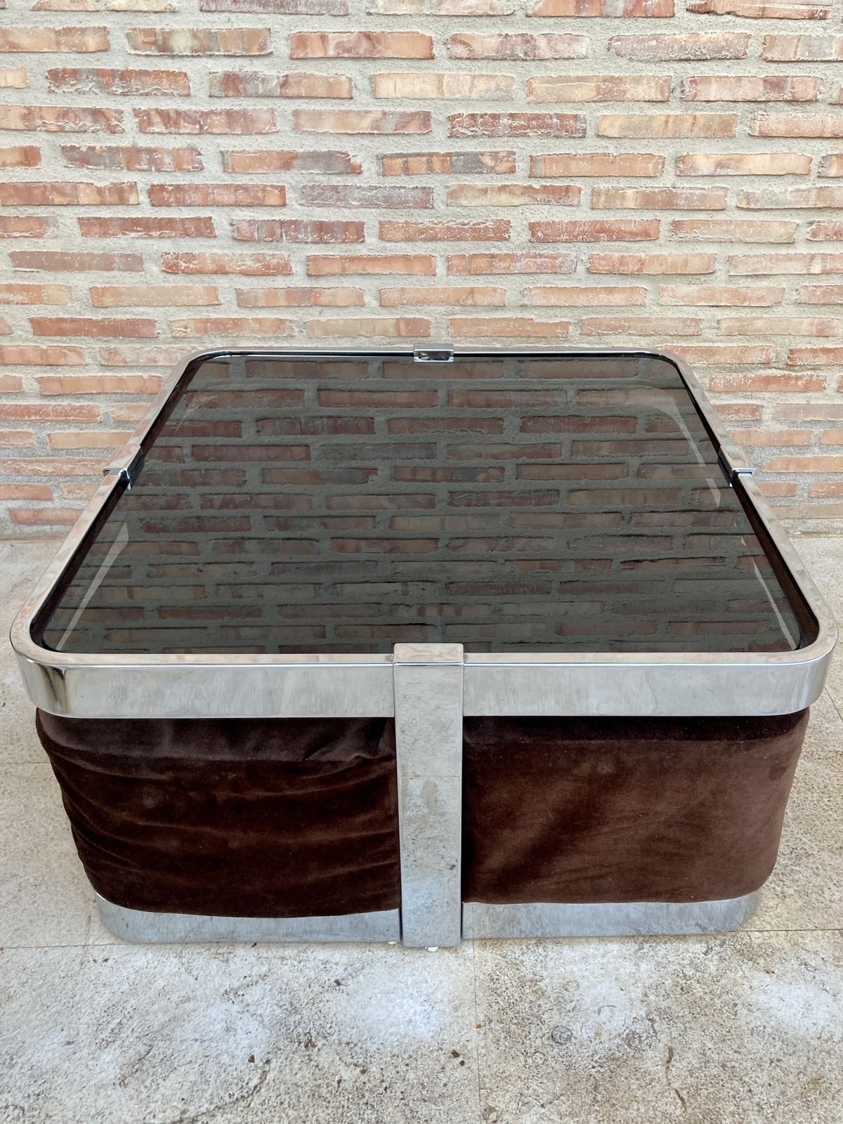 Square Smoked Glass And Steel Coffee Or Side Table With Four Nesting Stools, 1970s, Set Of 5 photo furniture
